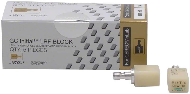 GC Initial™ LRF HT-14 CEREC® B1 Keramikblock mit Verpackung.
