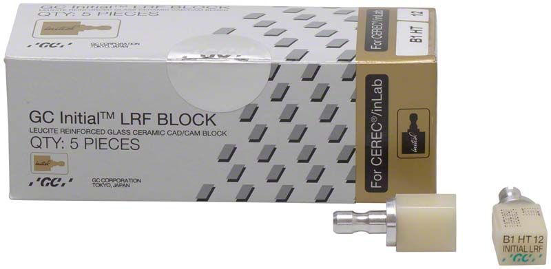 GC Initial™ LRF HT-12 CEREC® B1 Keramikblock und Verpackung.