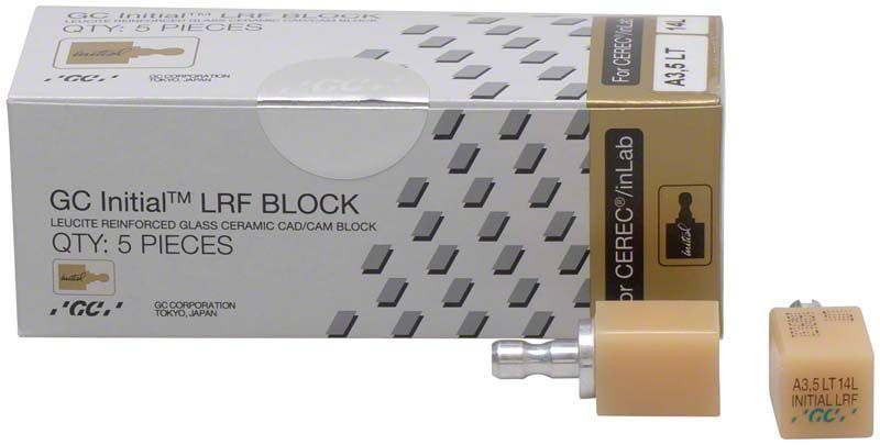 GC Initial™ LRF LT-14L CEREC® A3,5 Glaskeramikblock mit Verpackung.