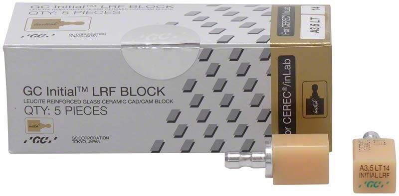 GC Initial™ LRF LT-14 CEREC® A3,5 CAD/CAM Block und Verpackung.