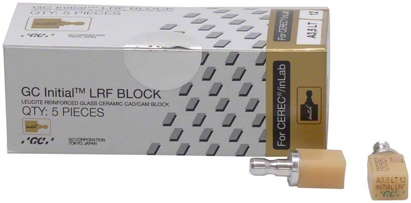 GC Initial™ LRF LT-12 CEREC® A3,5 Blöcke mit Verpackung und Einzelblock.