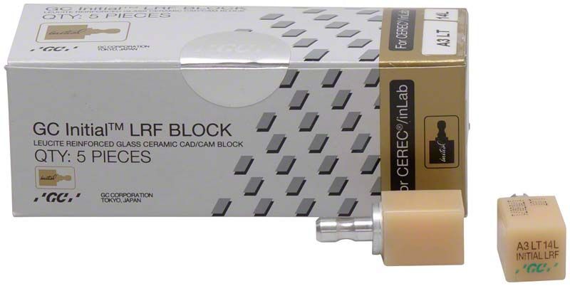 GC Initial™ LRF LT-14L CEREC® A3 Keramikblock und Verpackung.