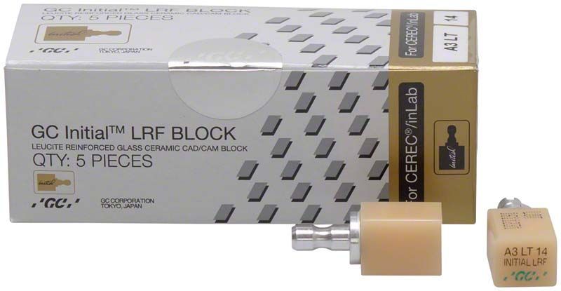 GC Initial™ LRF LT-14 CEREC® A3 Blockverpackung und Einzelblock.