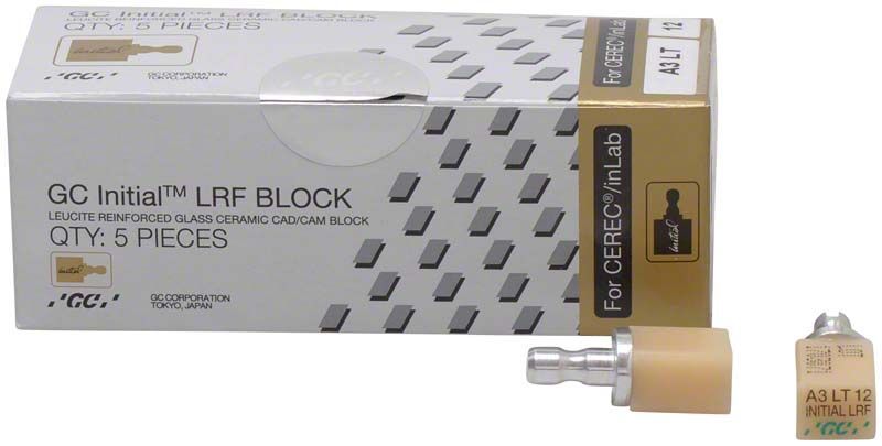 GC Initial™ LRF LT-12 CEREC® A3 Block in Verpackung mit fünf Stück.
