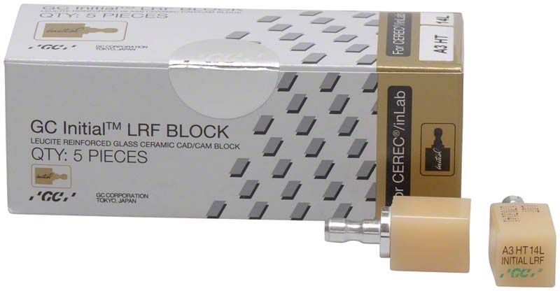 GC Initial™ LRF HT-14L CEREC® A3 Leuzit-verstärkter Glaskeramikblock in Verpackung.
