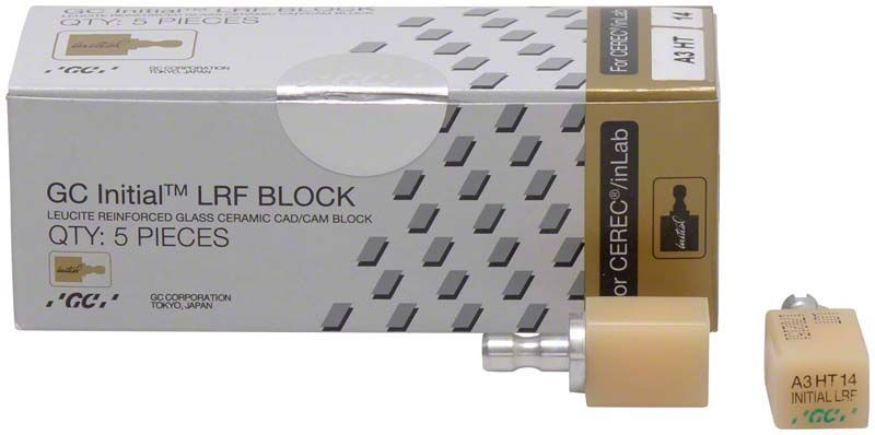 GC Initial™ LRF HT-14 CEREC® A3 Keramikblockverpackung mit fünf Blöcken.