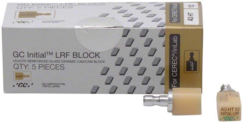 GC Initial™ LRF HT-12 CEREC® A3 Keramikblockverpackung mit Produktdetailansicht.