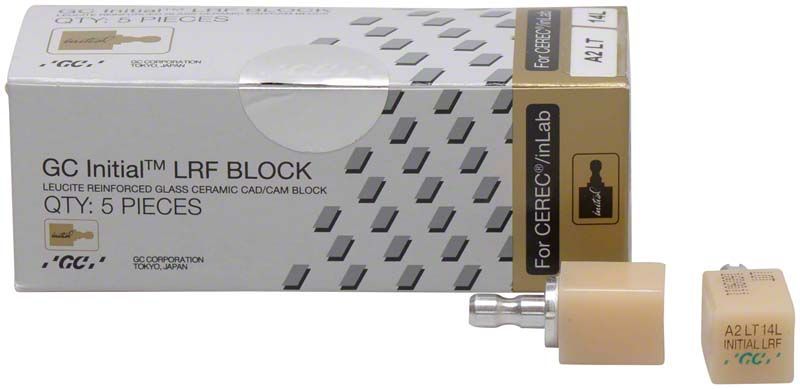 GC Initial™ LRF LT-14L CEREC® A2 Keramikblock mit Verpackung.