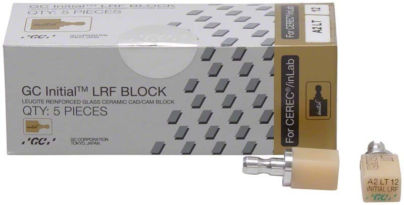 GC Initial™ LRF LT-12 CEREC® A2 Keramikblock mit Verpackung.