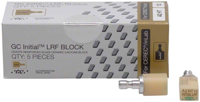 GC Initial™ LRF HT-12 CEREC® A2 Keramikblock-Verpackung mit fünf Einheiten.