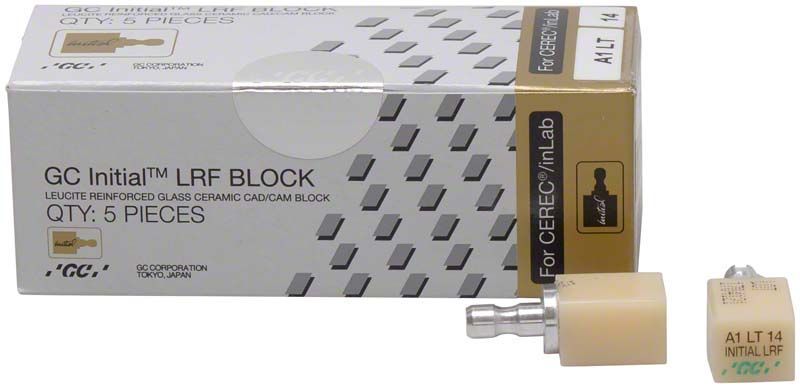GC Initial™ LRF LT-14 CEREC® A1 Keramikblock mit Verpackung.