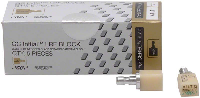 GC Initial™ LRF LT-12 CEREC® A1 Block und Verpackung.