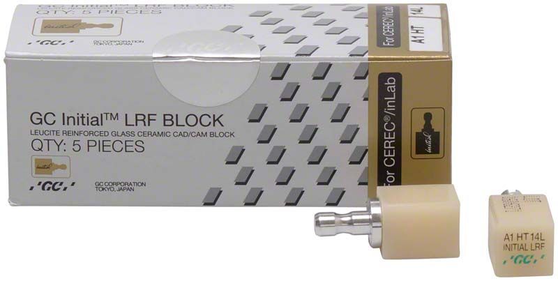 GC Initial™ LRF HT-14L CEREC® A1 Glaskeramikblock mit Verpackung.