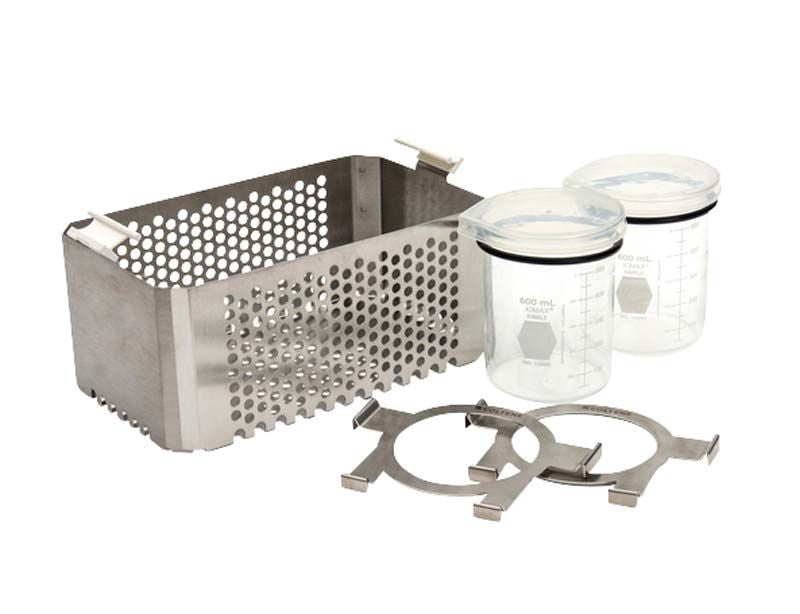 BioSonic® UC150 Zubehör Kit mit Edelstahlkorb und Messbechern.