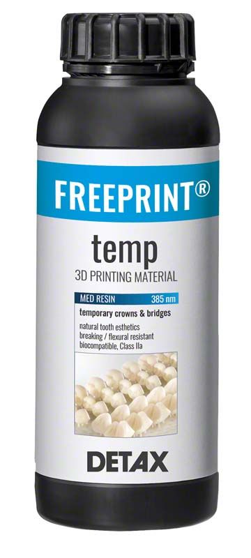 Schwarze Flasche mit Etikett "FREEPRINT® temp 3D Druckmaterial 385 nm".