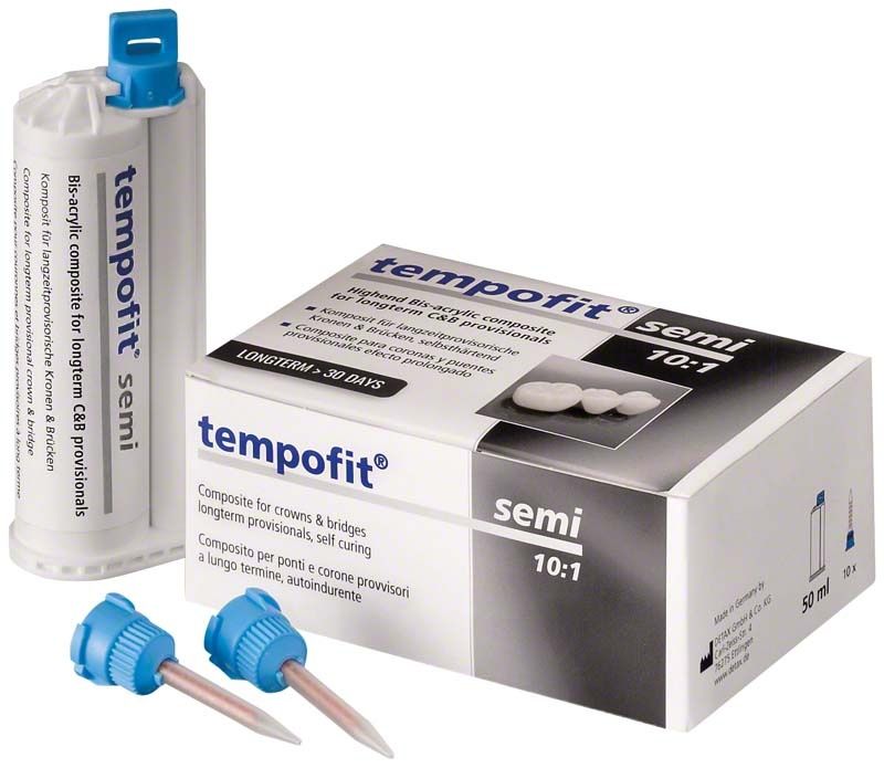 Kartusche und Verpackung von tempofit® semi A2 Bis-Acryl-Composite für Zahnprovisorien.