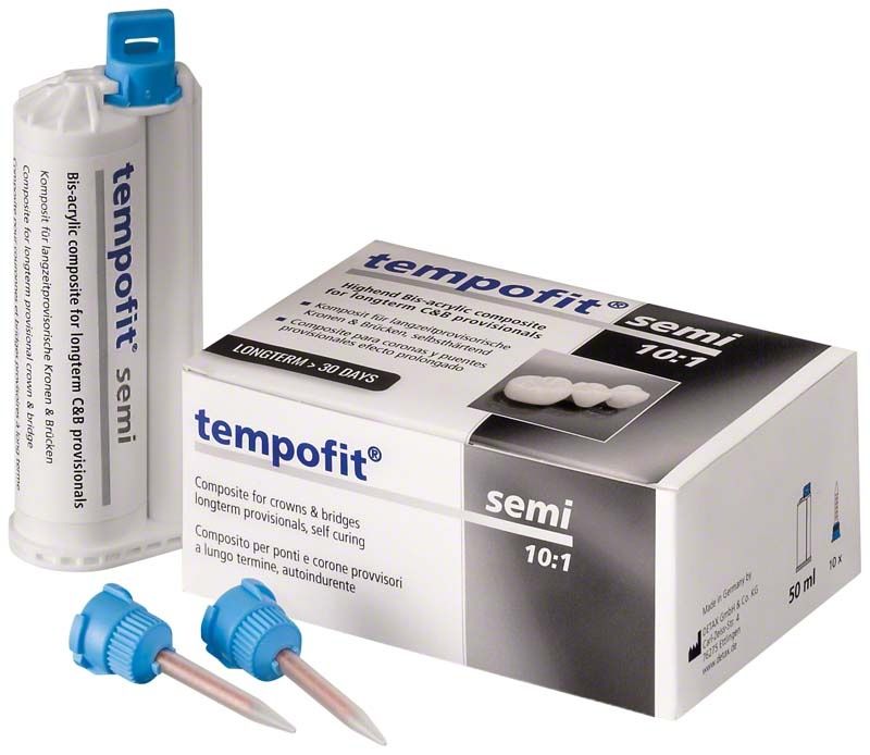 Kartusche und Verpackung von tempofit® semi A3,5 für zahnmedizinische Anwendungen.