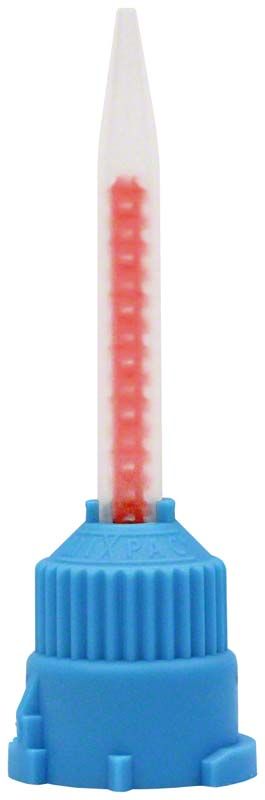 Blaue Mischkanüle T-Mixer mit rotem Mischrohr für Dentalmischungen.