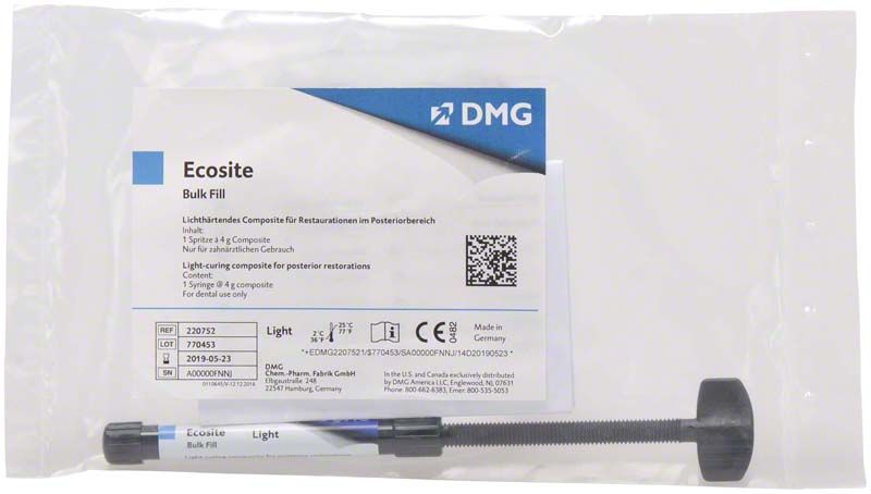 Lichtsensitives Composite Ecosite Bulk Fill Spritze, Verpackung mit Produktinformationen.