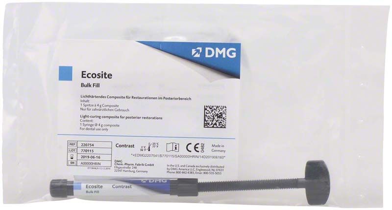 Ecosite Bulk Fill Spritze in transparenter Verpackung mit DMG-Logo.
