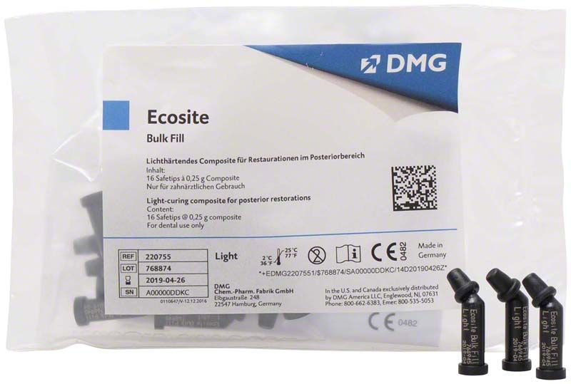 Ecosite Bulk Fill Safetips Verpackung mit DMG-Logo und Produktinformationen.