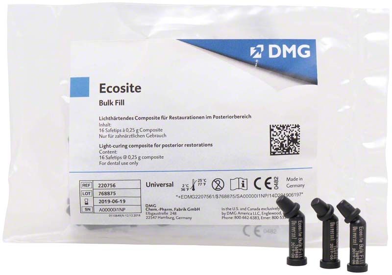 Ecosite Bulk Fill Safetips von DMG in Verpackung mit Etikett.
