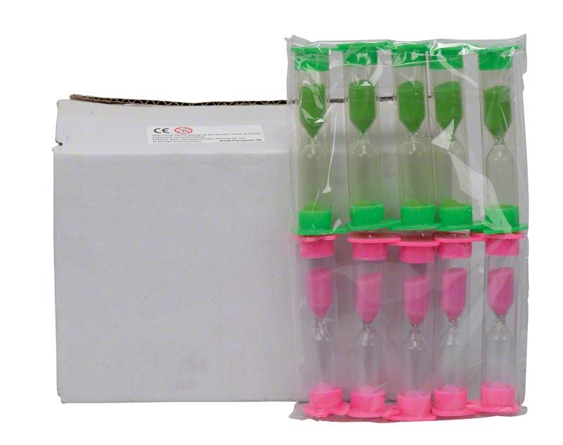 Sanduhr Mirus Mix mit grünen und pinken Sanduhren für Zahnputzzeit.