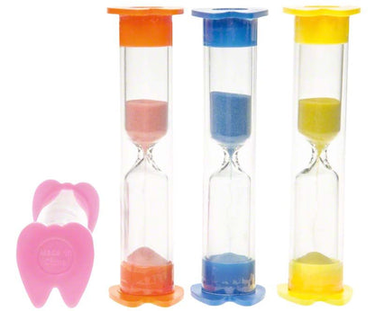 Drei Sanduhren in verschiedenen Farben und ein pinkes Zahn-Symbol.