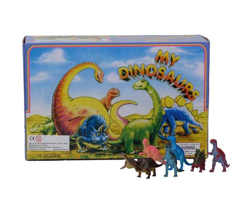 Dinosaurier-Spielfiguren-Set vor Verpackung mit bunter Dinosaurier-Illustration.