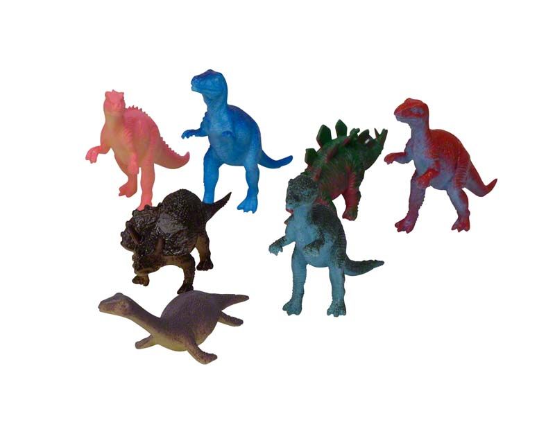 Sechs bunte Dinosaurier-Spielfiguren verschiedener Arten auf weißem Hintergrund.