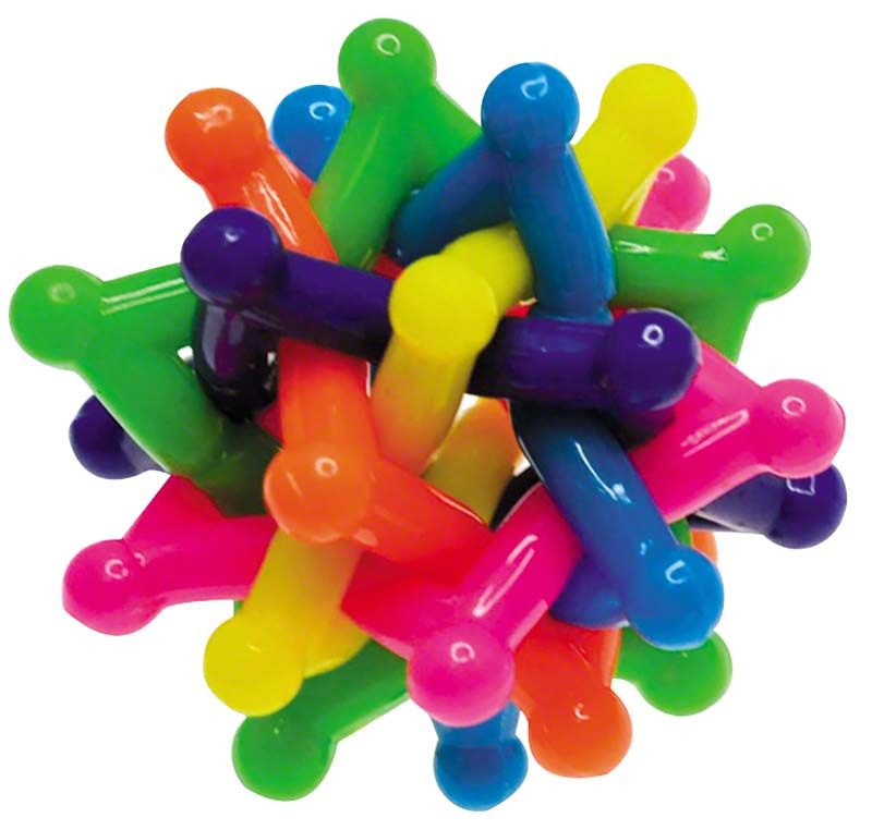 Bunter Stachelspringball aus ineinandergreifenden, leuchtenden Plastikstäben.