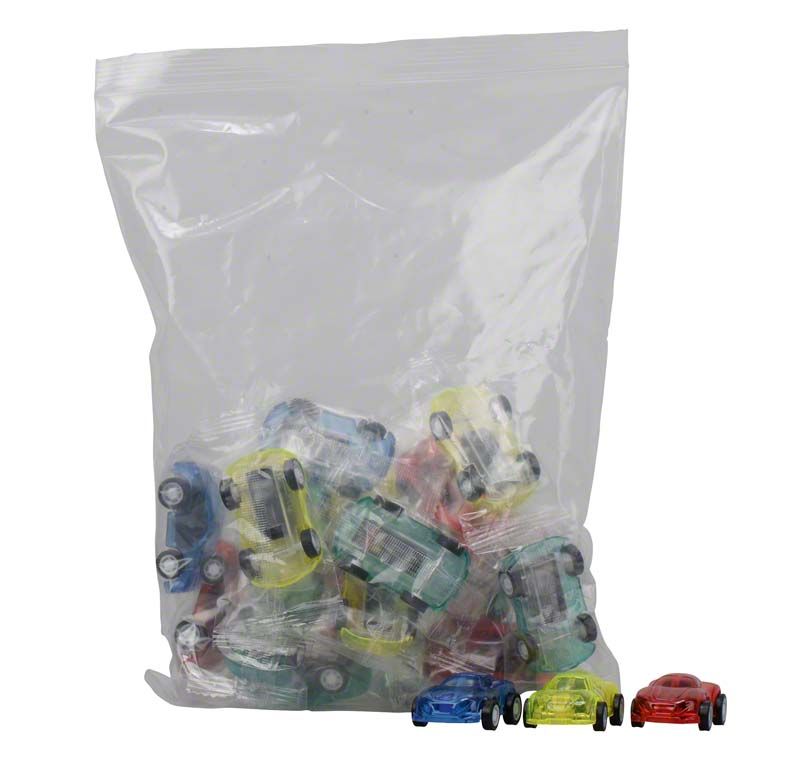 24 bunte Spielzeug-Sportwagen mit Rückzugsmotor in transparenter Verpackung.