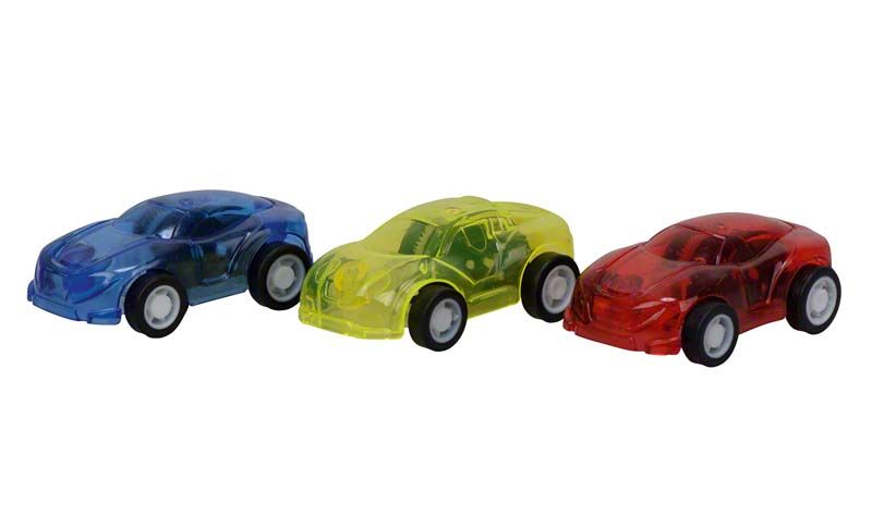 Drei transparente Spielzeug-Sportwagen in Blau, Gelb und Rot.