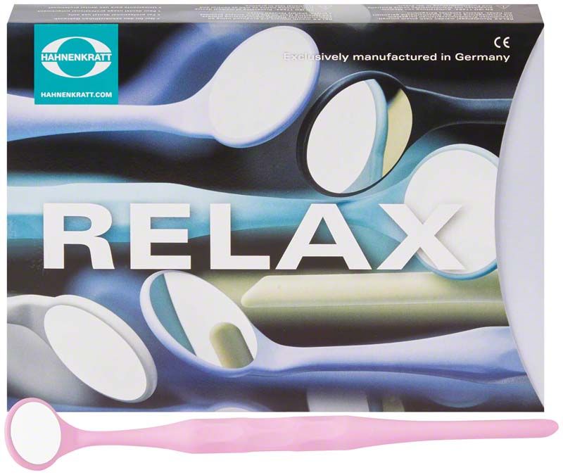 Rosa dentaler Mundspiegel RELAX mit Front Surface und breitem Griff.