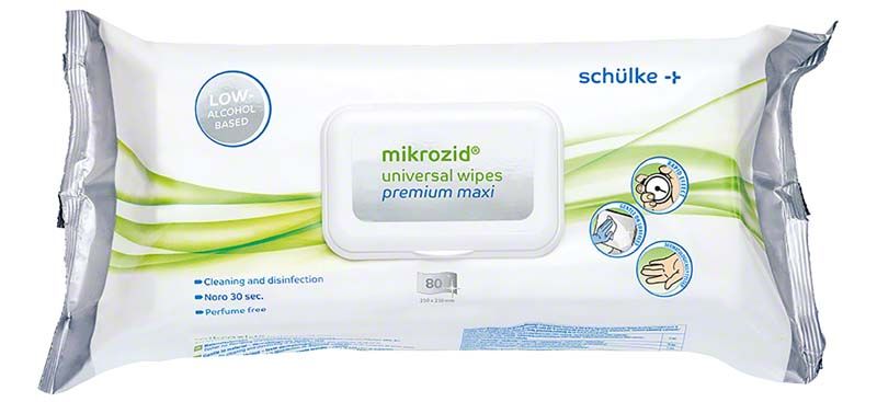mikrozid® universal wipes premium maxi Verpackung mit Desinfektionshinweisen und 80 Tüchern.