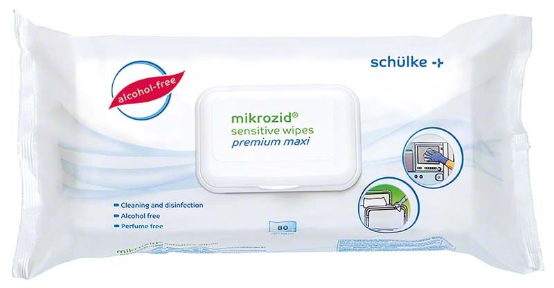 Mikrozid sensitive wipes premium maxi Verpackung mit 80 alkoholfreien Reinigungstüchern.
