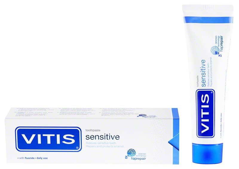 VITIS® sensitive Zahnpasta mit Verpackung und Tube auf weißem Hintergrund.