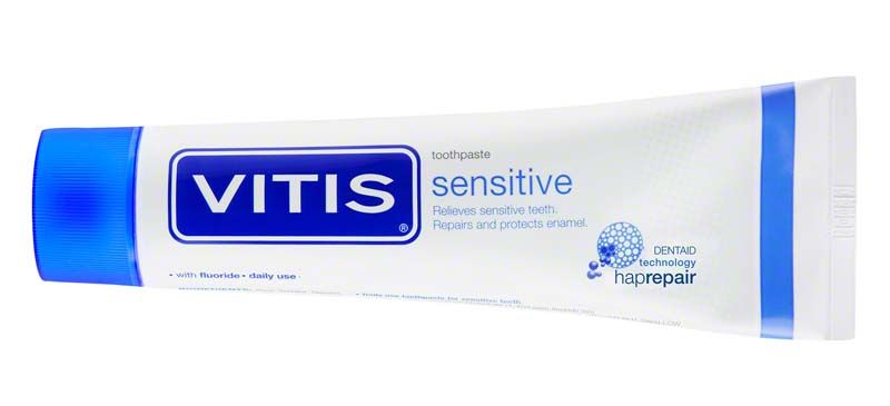 VITIS® sensitive Zahnpasta Tube mit blauem Verschluss und Beschriftung.