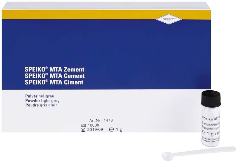 SPEIKO MTA Zement 1g mit Verpackung und Dosierlöffel.