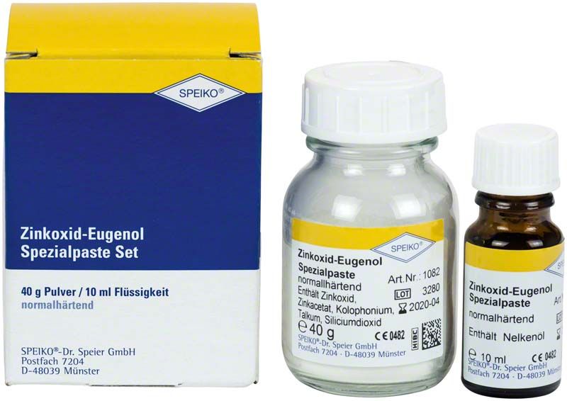 Zinkoxid-Eugenol Spezialpaste Set mit Pulver und Flüssigkeit in Verpackung.