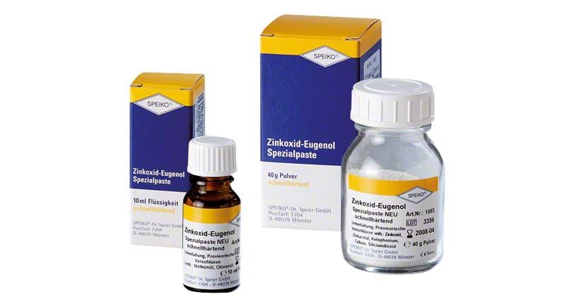 Zinkoxid-Eugenol Spezialpaste Set mit Pulver- und Flüssigkeitsflasche vor Verpackung.