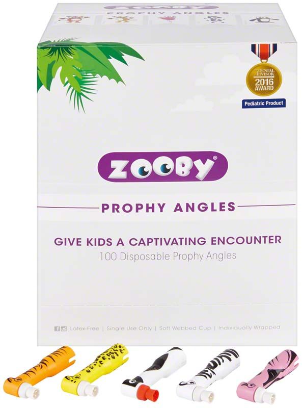 Zooby® Einweg-Prophy-Winkelstücke Verpackung mit Tiermotiven und Produktname.