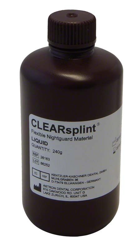 Flasche mit CLEARsplint® Flüssigkeit, 240g, für Aufbissschienenherstellung.