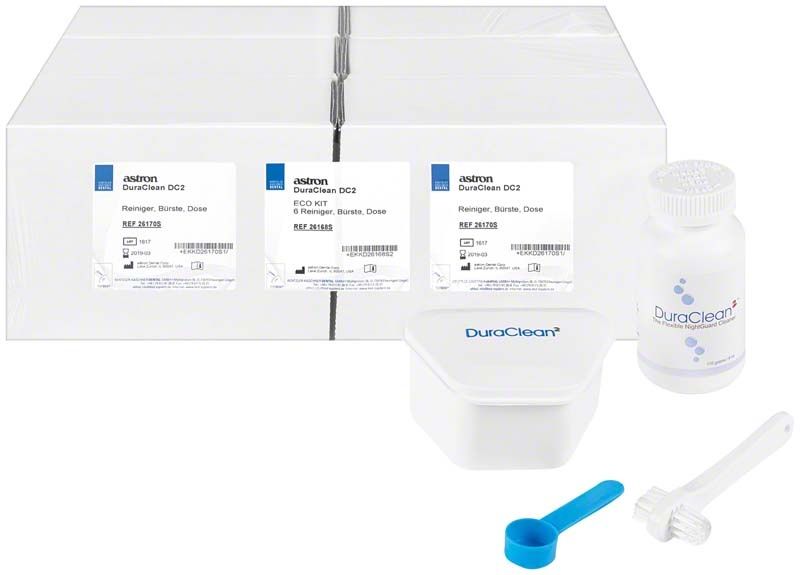 astron® DuraClean² Eco-Kit mit Reinigungsflasche, Bürste und Dosierlöffel.
