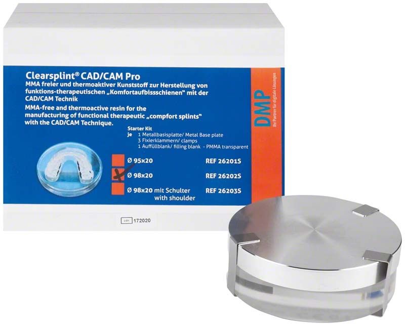 astron® Clearsplint® CAD/CAM Pro Starter Kit mit Verpackung und rundem Kunststoffblock