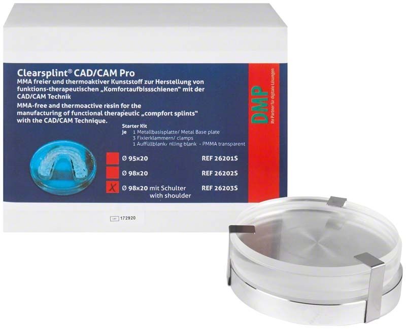 Clearsplint® CAD/CAM Pro Starter Kit Ø 98x20 mit Schulter in Verpackung.