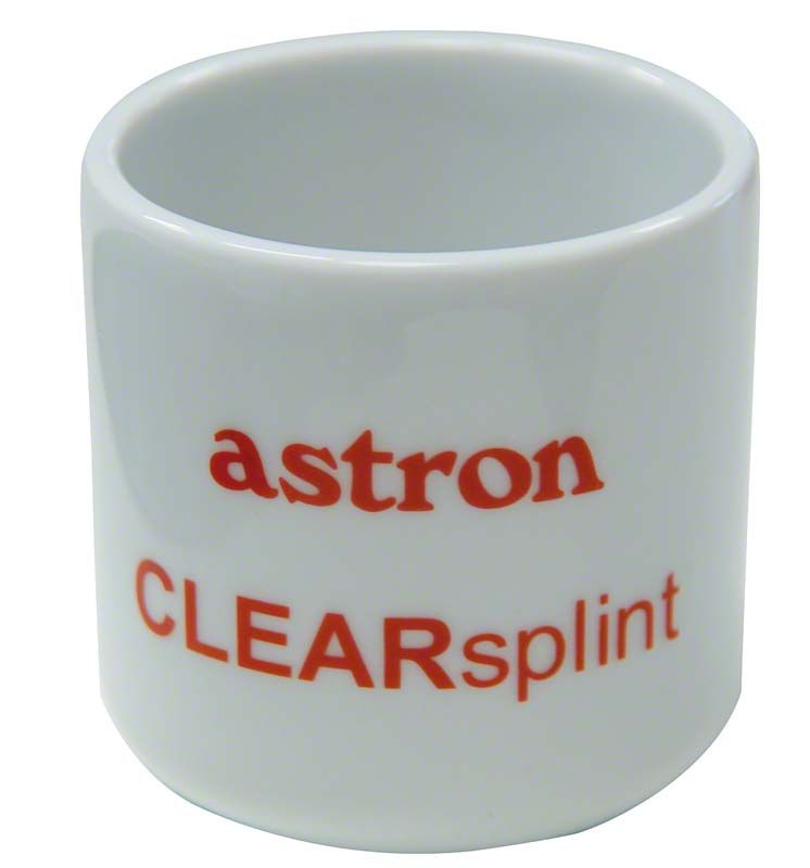 astron® CLEARsplint® Keramik Anmischbecher in weißer Farbe mit rotem Logo-Print