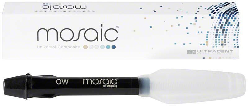 Mosaic™ Spritzen Opaque White mit Verpackung im Hintergrund.