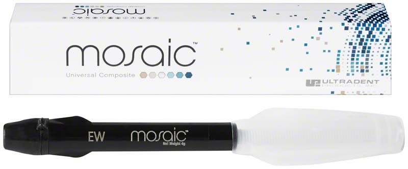 Mosaic™ Spritzen Enamel White vor Verpackung mit Mosaikmuster.