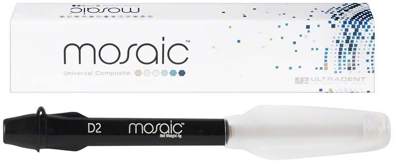 Mosaic™ Spritzen D2 mit Verpackung im Hintergrund.